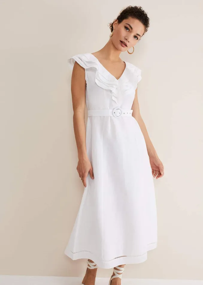 Women Phase Eight Dresses Julieta White Linen Ruffle Broderie Midi Dress
