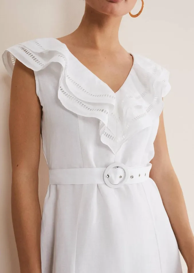 Women Phase Eight Dresses Julieta White Linen Ruffle Broderie Midi Dress