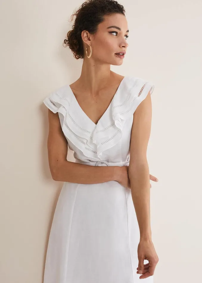 Women Phase Eight Dresses Julieta White Linen Ruffle Broderie Midi Dress