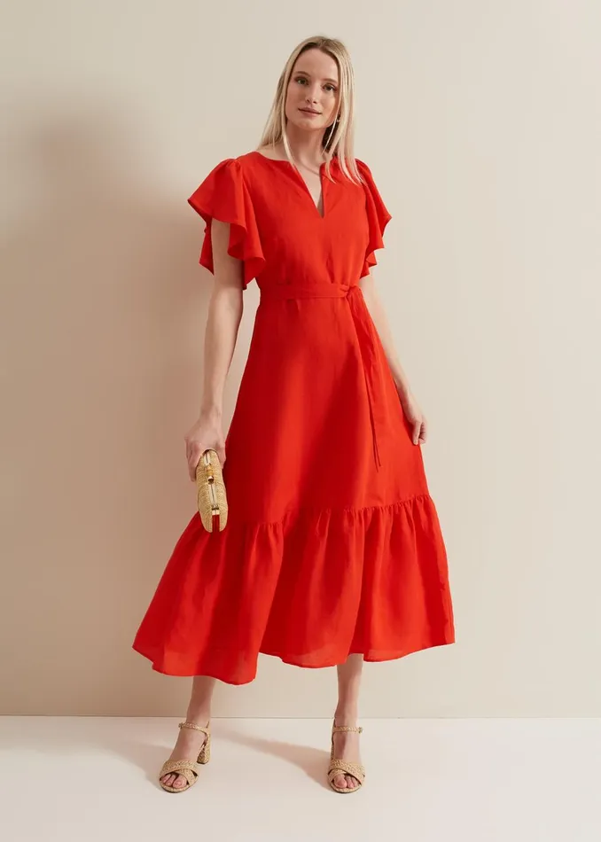 Women Phase Eight Dresses Morgan Red Linen Midi Dress
