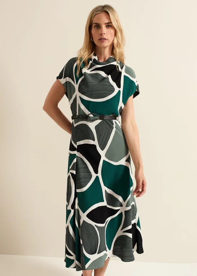 Women Phase Eight Dresses Zaynab Green Swirl Cowl Neck Midi Dress