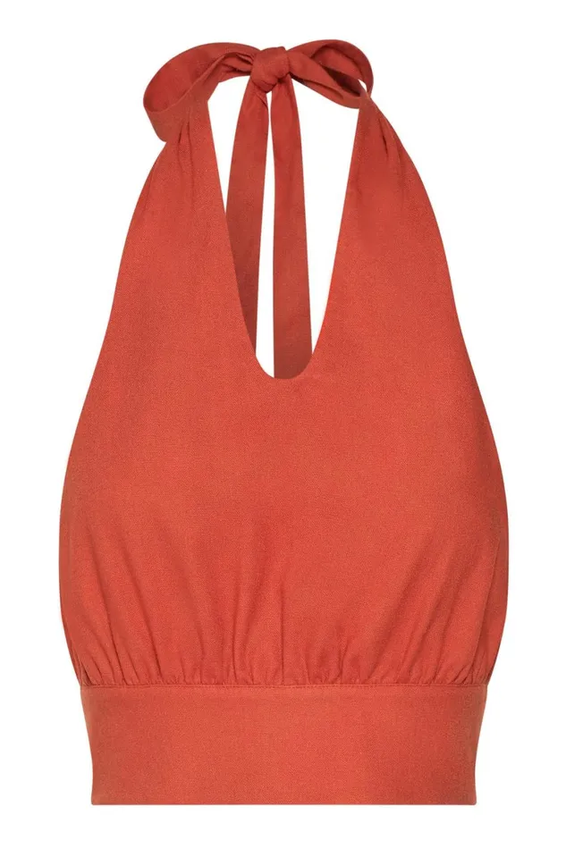 Women Piper Halter Neck Linen Crop Top 8211 Terracotta Terracotta Meshki Crop Tops