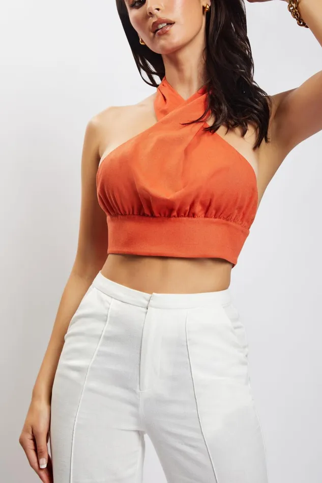 Women Piper Halter Neck Linen Crop Top 8211 Terracotta Terracotta Meshki Crop Tops