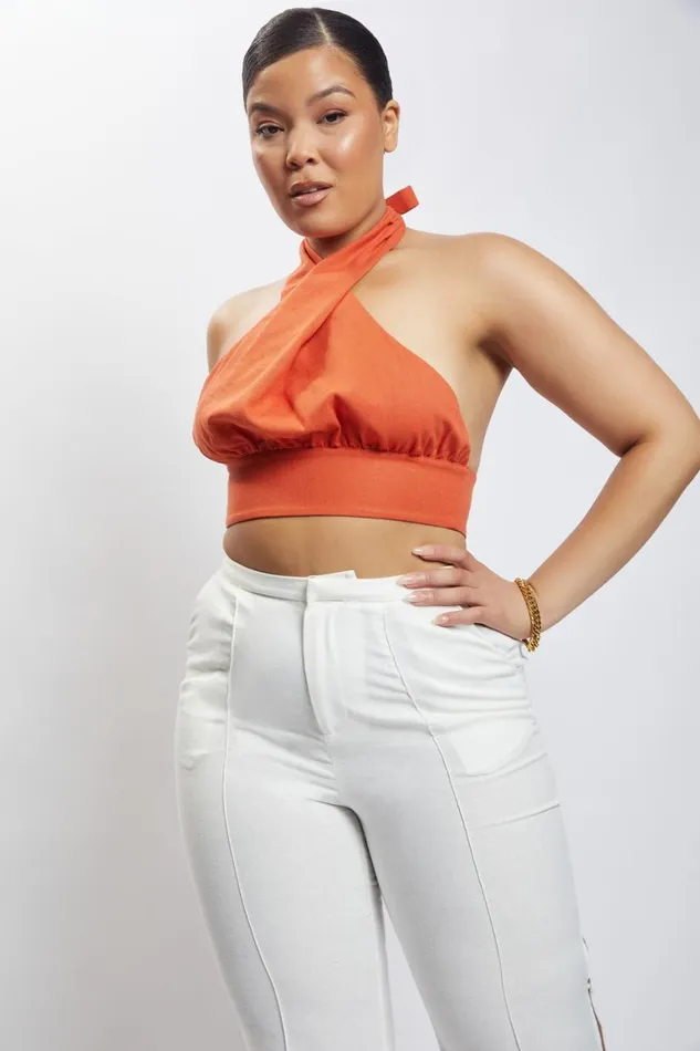 Women Piper Halter Neck Linen Crop Top 8211 Terracotta Terracotta Meshki Crop Tops