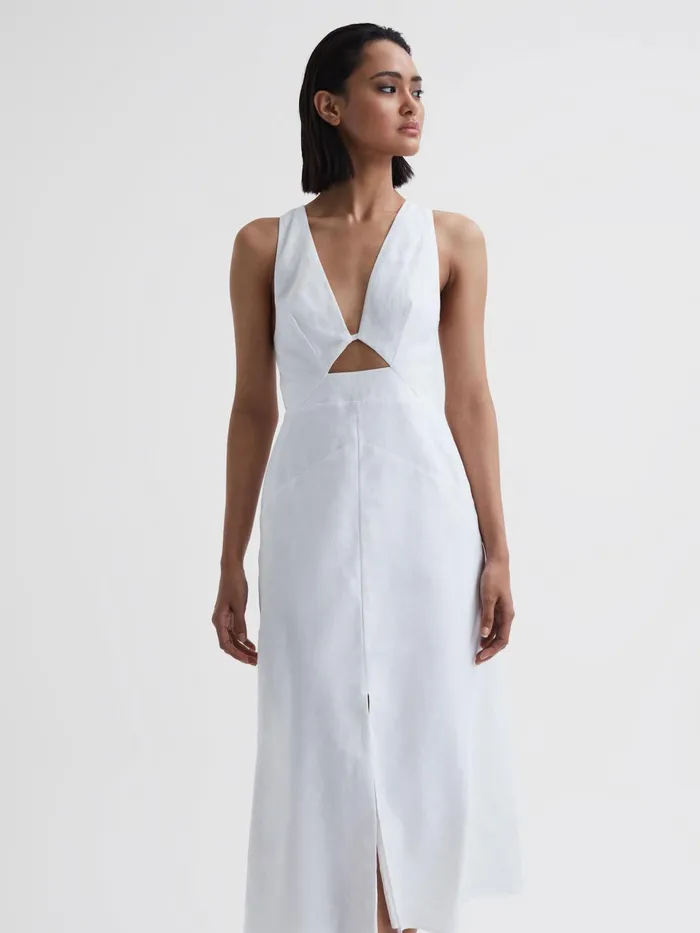 Women Rhoda CottonLinen Midi Dress Ivory Reiss Dresses