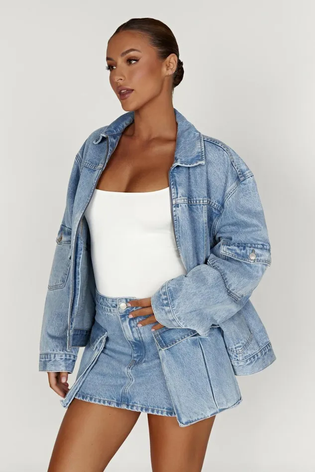 Women Rylee Oversized Denim Jacket 8211 Mid Blue Mid Blue Meshki Denim
