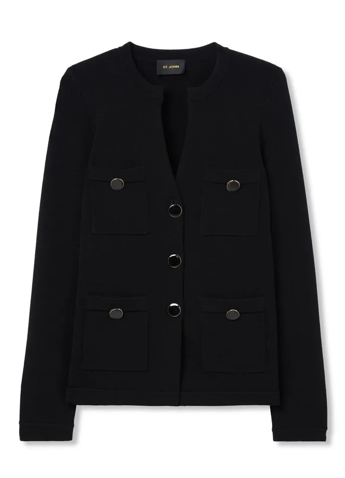 Women Santiago Knit Button Jacket Black St John Jackets and Coats