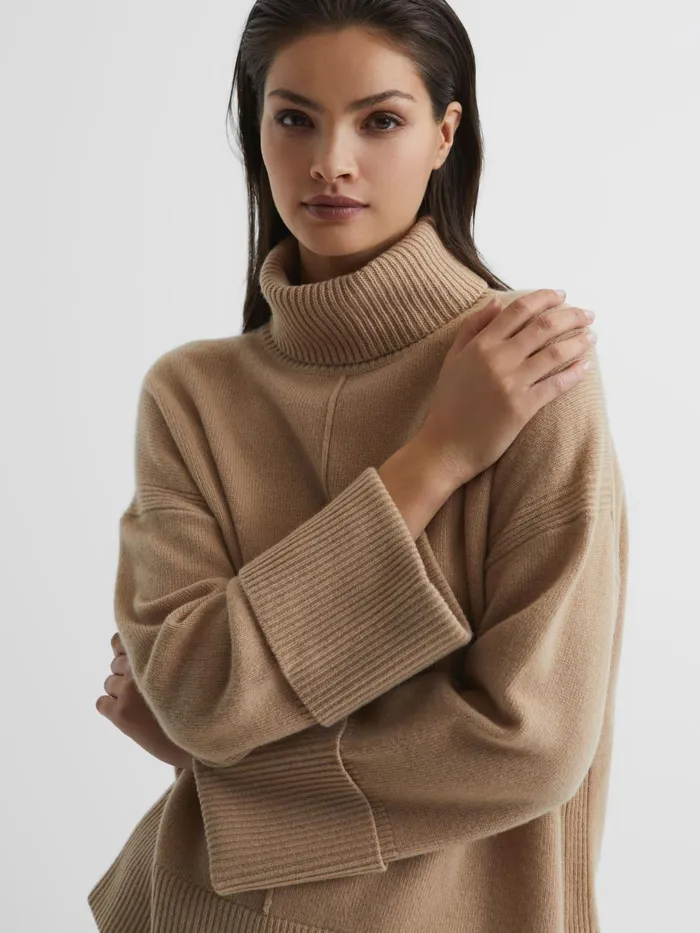 Women Sarah Cashmere Blend Roll Neck Jumper Camel Reiss Knitwear