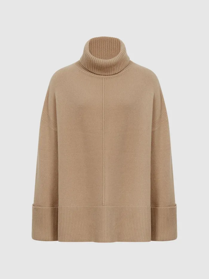 Women Sarah Cashmere Blend Roll Neck Jumper Camel Reiss Knitwear