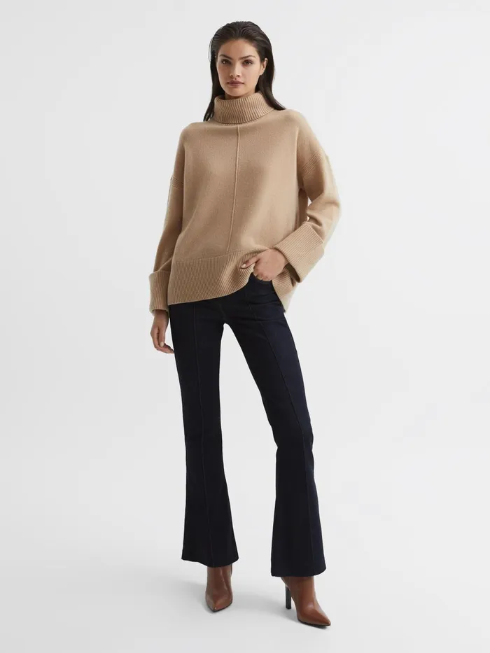 Women Sarah Cashmere Blend Roll Neck Jumper Camel Reiss Knitwear