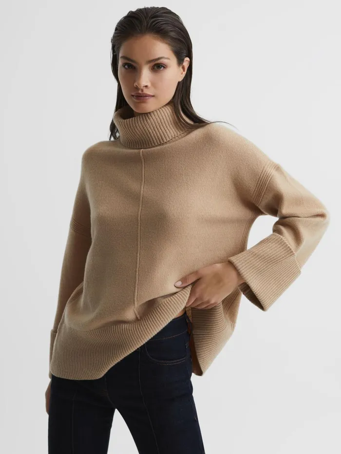 Women Sarah Cashmere Blend Roll Neck Jumper Camel Reiss Knitwear