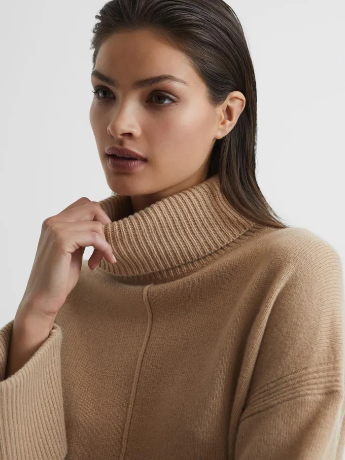 Women Sarah Cashmere Blend Roll Neck Jumper Camel Reiss Knitwear