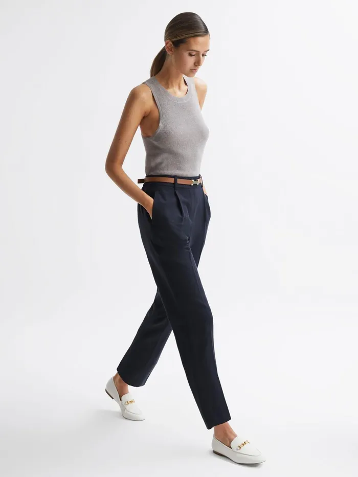 Women Shae Taper Tapered Linen Trousers Khaki Reiss Trousers