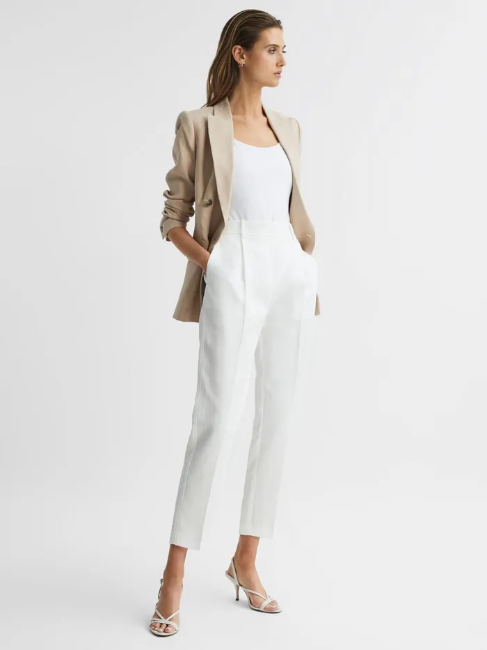 Women Shae Taper Tapered Linen Trousers Khaki Reiss Trousers