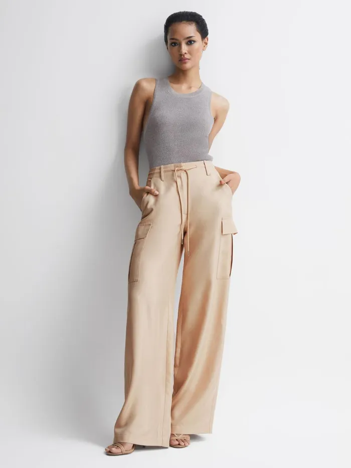 Women Sian Wide Leg Combat Trousers Neutral Reiss Trousers