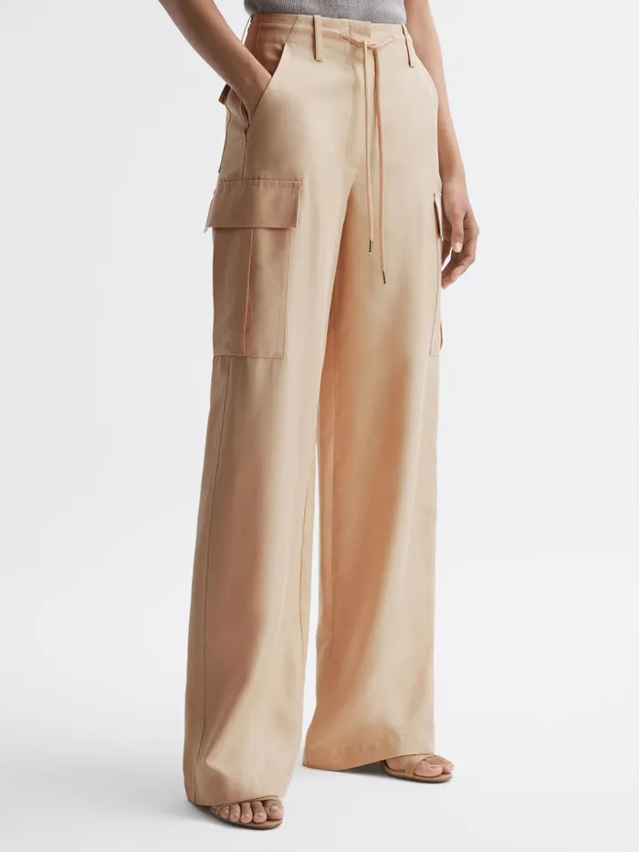 Women Sian Wide Leg Combat Trousers Neutral Reiss Trousers