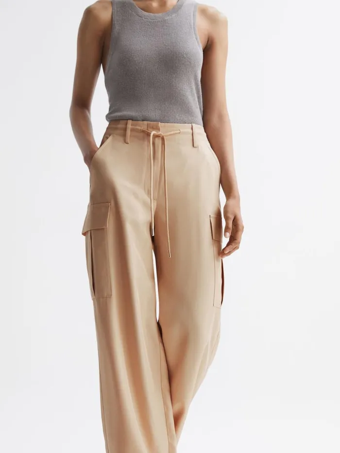 Women Sian Wide Leg Combat Trousers Neutral Reiss Trousers