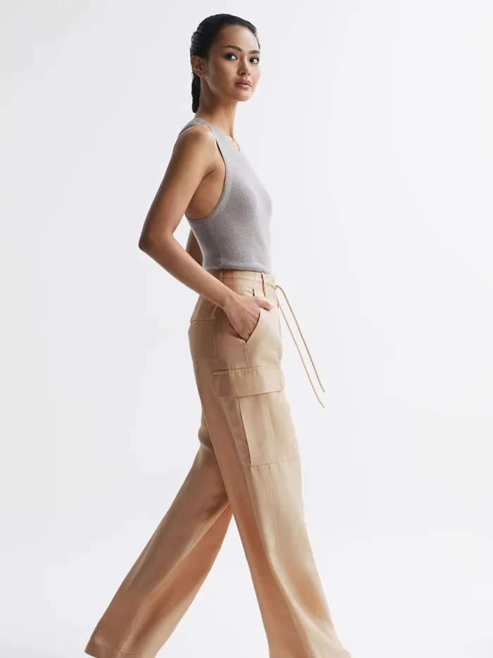 Women Sian Wide Leg Combat Trousers Neutral Reiss Trousers
