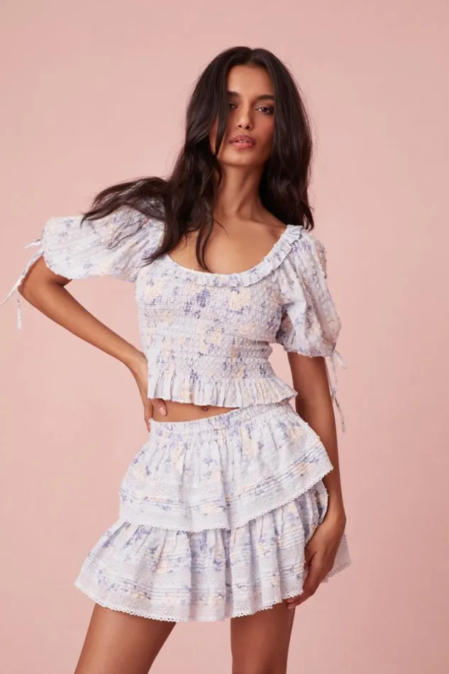 Women Signature Fragrance Print Ruffle Mini Skirt Whisper Blue LoveShackFancy Skirts