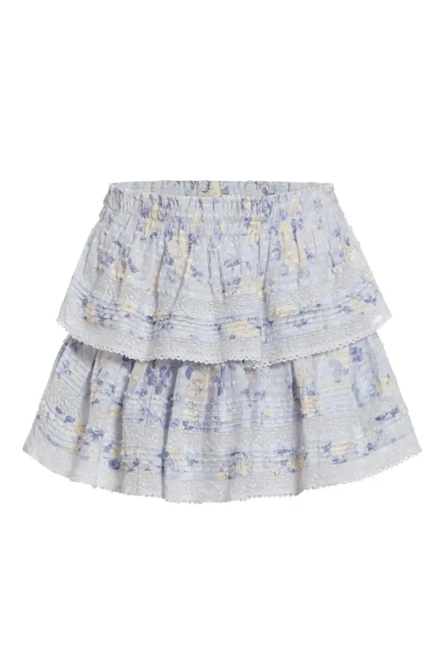 Women Signature Fragrance Print Ruffle Mini Skirt Whisper Blue LoveShackFancy Skirts