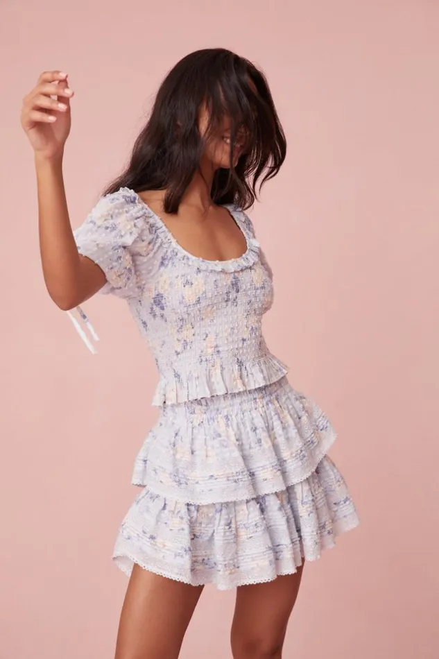 Women Signature Fragrance Print Ruffle Mini Skirt Whisper Blue LoveShackFancy Skirts