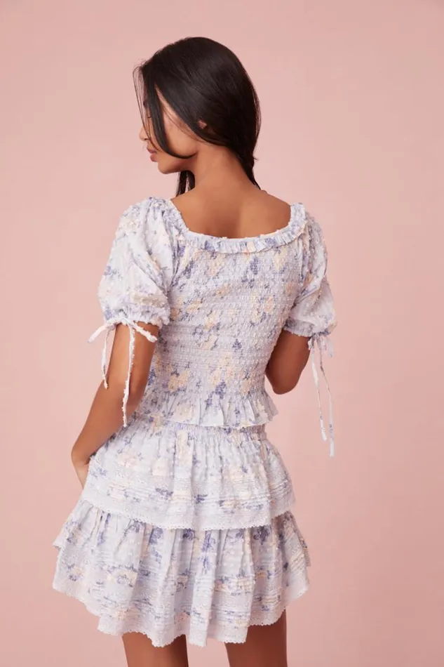 Women Signature Fragrance Print Ruffle Mini Skirt Whisper Blue LoveShackFancy Skirts
