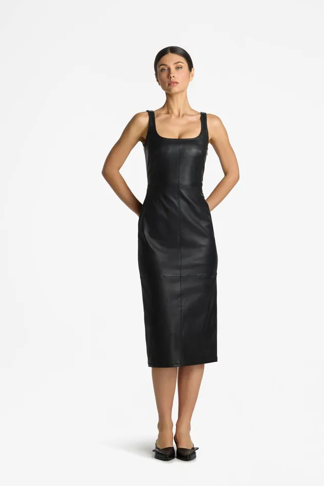 Women Stretch Nappa Leather Dress Black St John Dresses