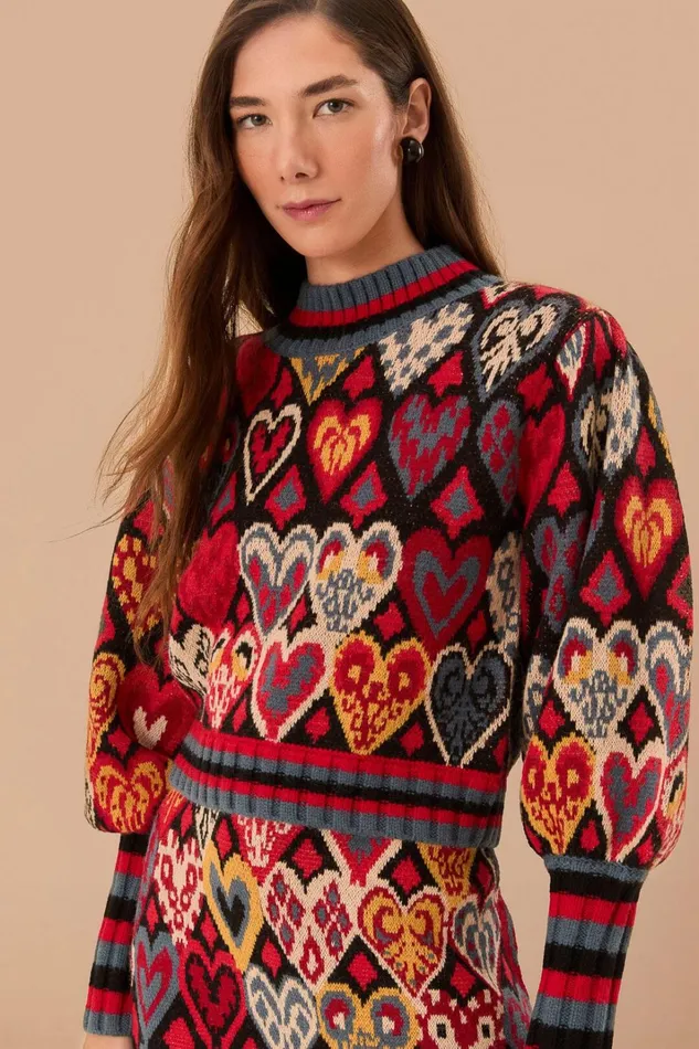 Women Sweaters and Sweatshirts Farm Rio Black Hearts Ikat Knit Sweater