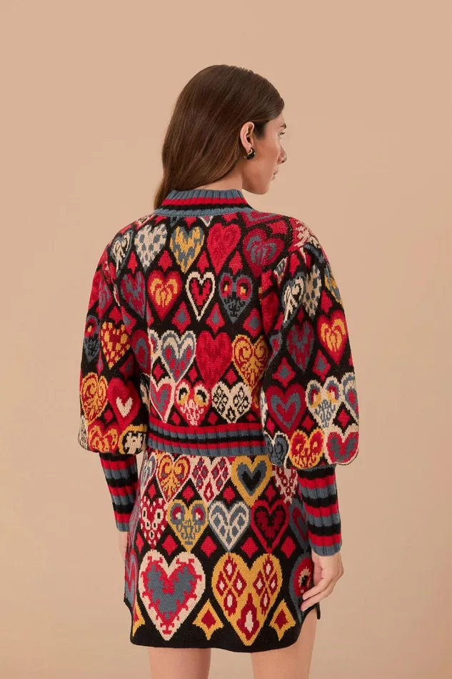 Women Sweaters and Sweatshirts Farm Rio Black Hearts Ikat Knit Sweater
