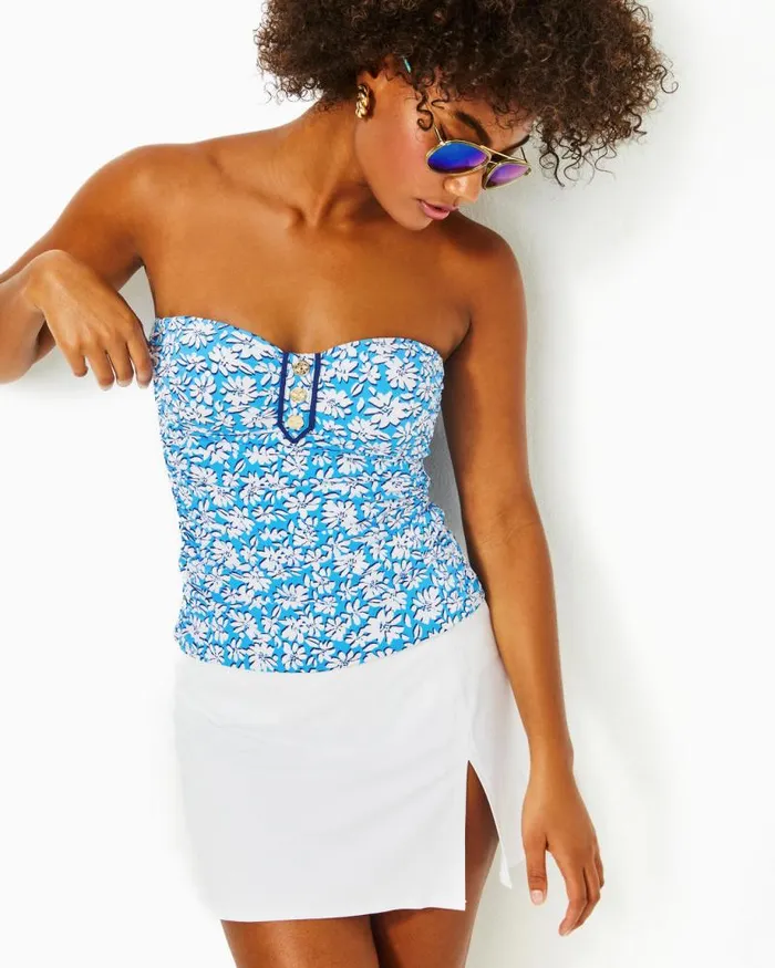 Women Swim Lilly Pulitzer Criston Tankini Top Lunar Blue Palm Beach Petals