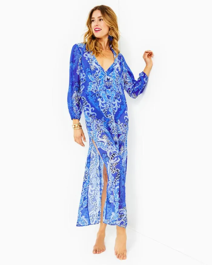 Women Swim Lilly Pulitzer Keir Maxi CoverUp Alba Blue Baja Cove Engineered Coverup