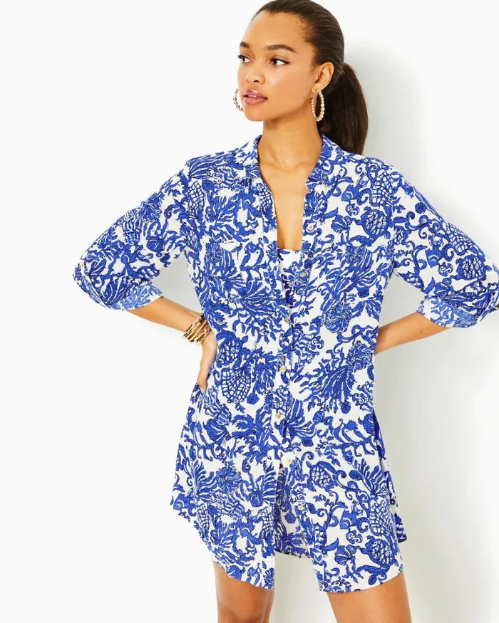 Women Swim Lilly Pulitzer Natalie Shirtdress CoverUp Deeper Coconut Ride With Me