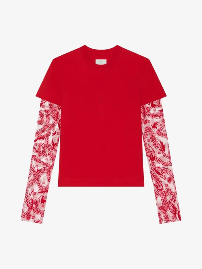 Women TShirts Givenchy Overlapped Tshirt In Cotton And 4G Dragon Tulle Vermillon