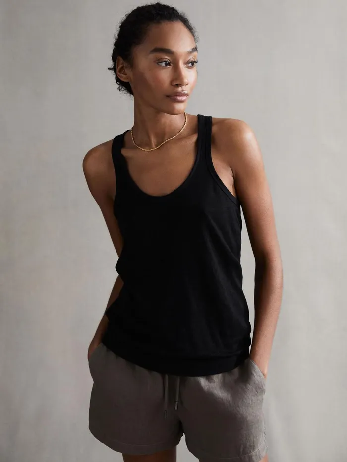 Women Taloulah Linen Crew Neck Vest Black Reiss TShirts and Vests