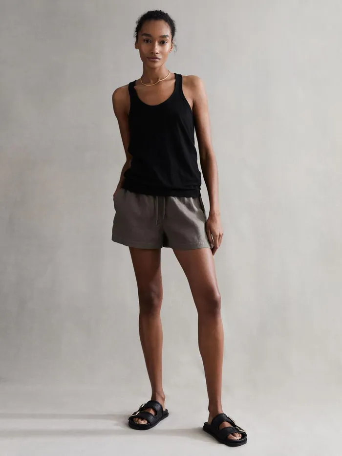 Women Taloulah Linen Crew Neck Vest Black Reiss TShirts and Vests