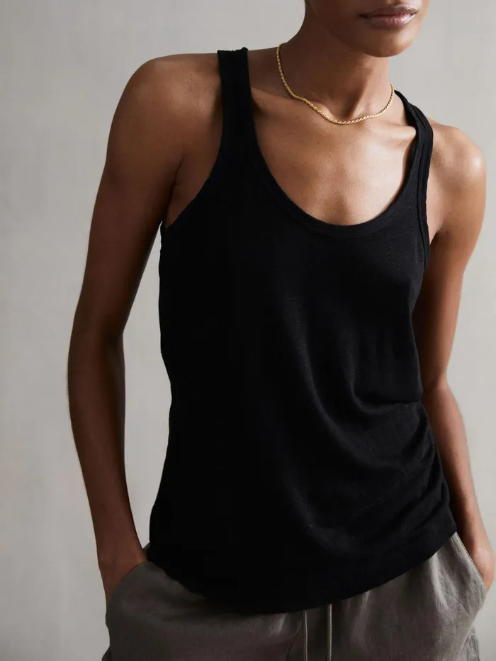 Women Taloulah Linen Crew Neck Vest Black Reiss TShirts and Vests