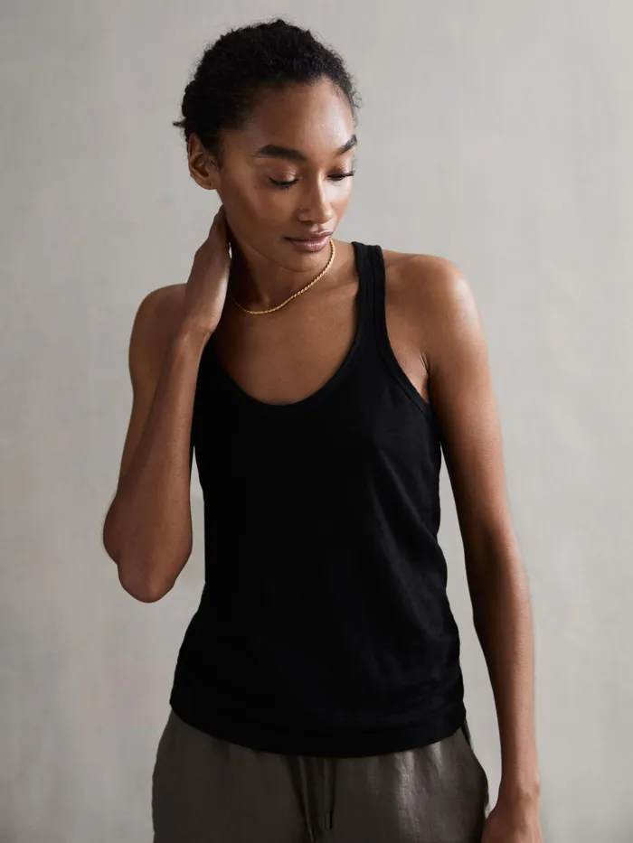 Women Taloulah Linen Crew Neck Vest Black Reiss TShirts and Vests