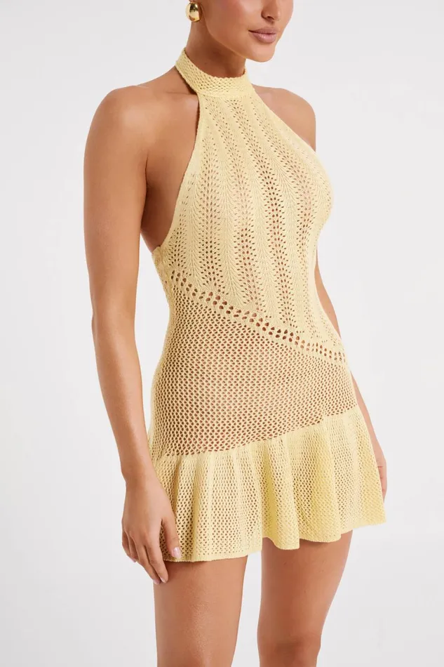 Women Tash Mixed Yarn Halter Mini Dress 8211 Lemon Lemon Meshki Mini Dresses