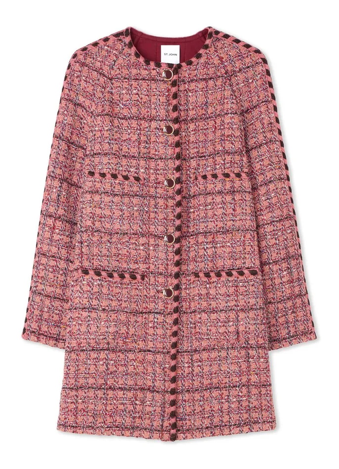Women Textured Slub Tweed Long Jacket Cranberryecrubrick Multi St John Tweed Jackets