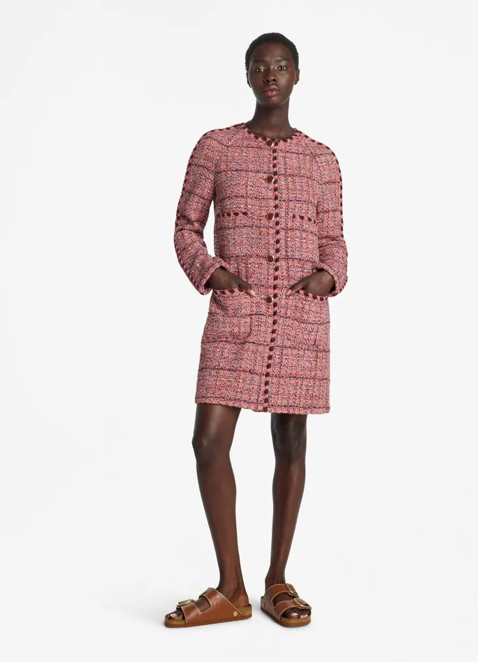 Women Textured Slub Tweed Long Jacket Cranberryecrubrick Multi St John Tweed Jackets