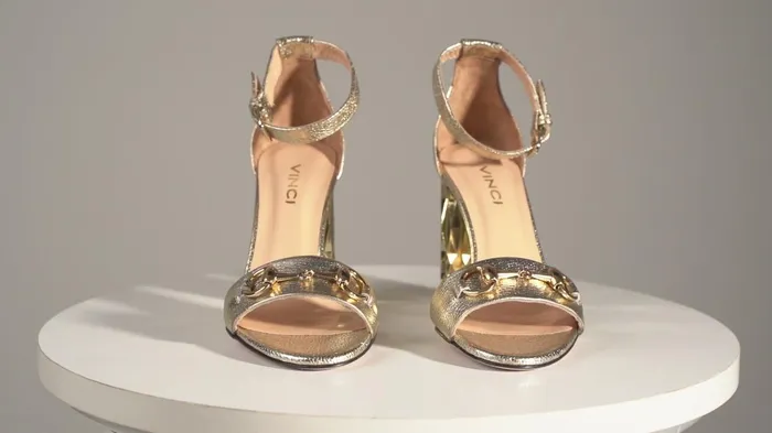 Women The Avlonya Block Heel Gold Leather Ankle Strap Sandal Vinci Leather Sandals