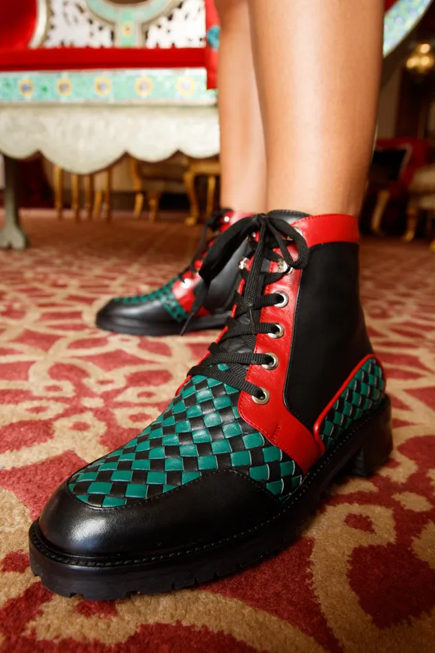 Women The Black River Black Handwoven Leather Ankle Boot Vinci Leather Boots and Booties