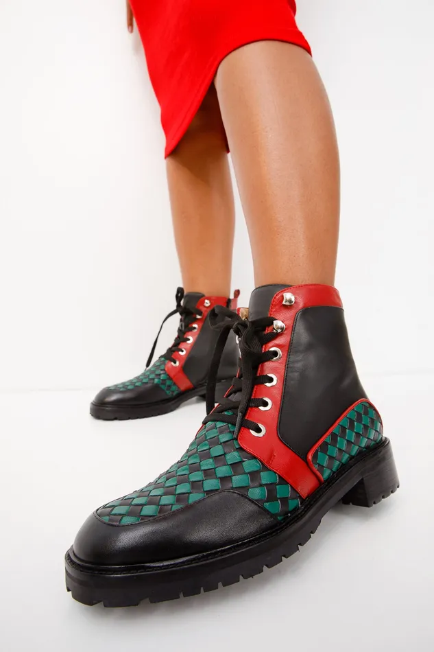 Women The Black River Black Handwoven Leather Ankle Boot Vinci Leather Boots and Booties
