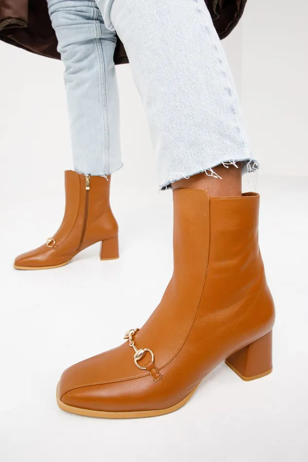 Women The Bukres Tan Leather Block Heel Mid Calf Boot Vinci Leather Best Sellers