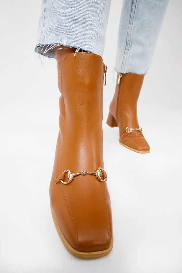 Women The Bukres Tan Leather Block Heel Mid Calf Boot Vinci Leather Best Sellers