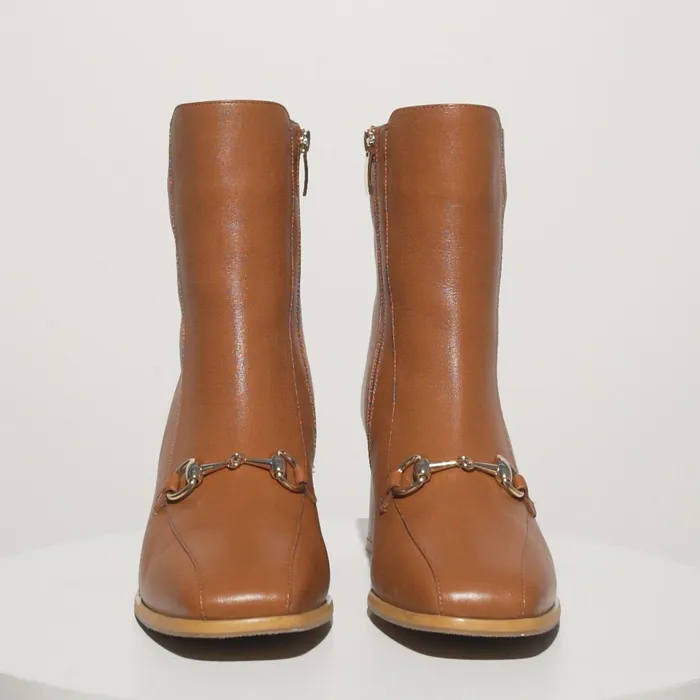 Women The Bukres Tan Leather Block Heel Mid Calf Boot Vinci Leather Best Sellers