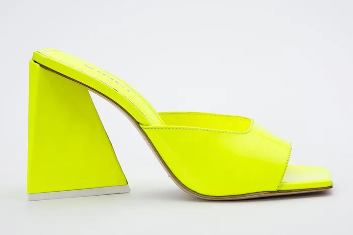 Women The Butterfly Block Heel Neon Yellow Patent Leather Sandal Vinci Leather Sandals