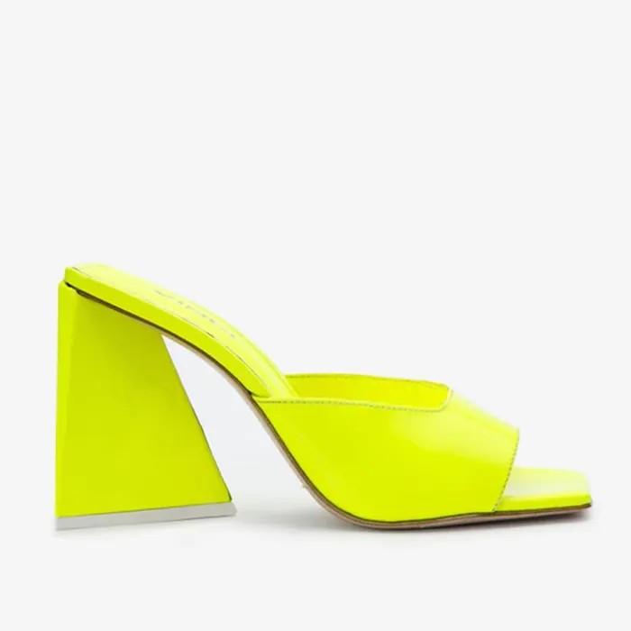 Women The Butterfly Block Heel Neon Yellow Patent Leather Sandal Vinci Leather Sandals