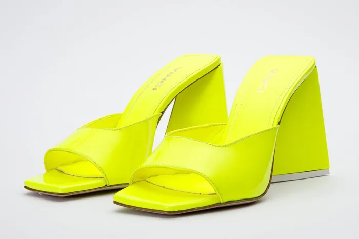 Women The Butterfly Block Heel Neon Yellow Patent Leather Sandal Vinci Leather Sandals