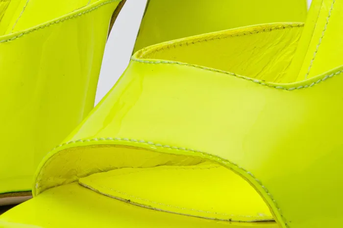Women The Butterfly Block Heel Neon Yellow Patent Leather Sandal Vinci Leather Sandals